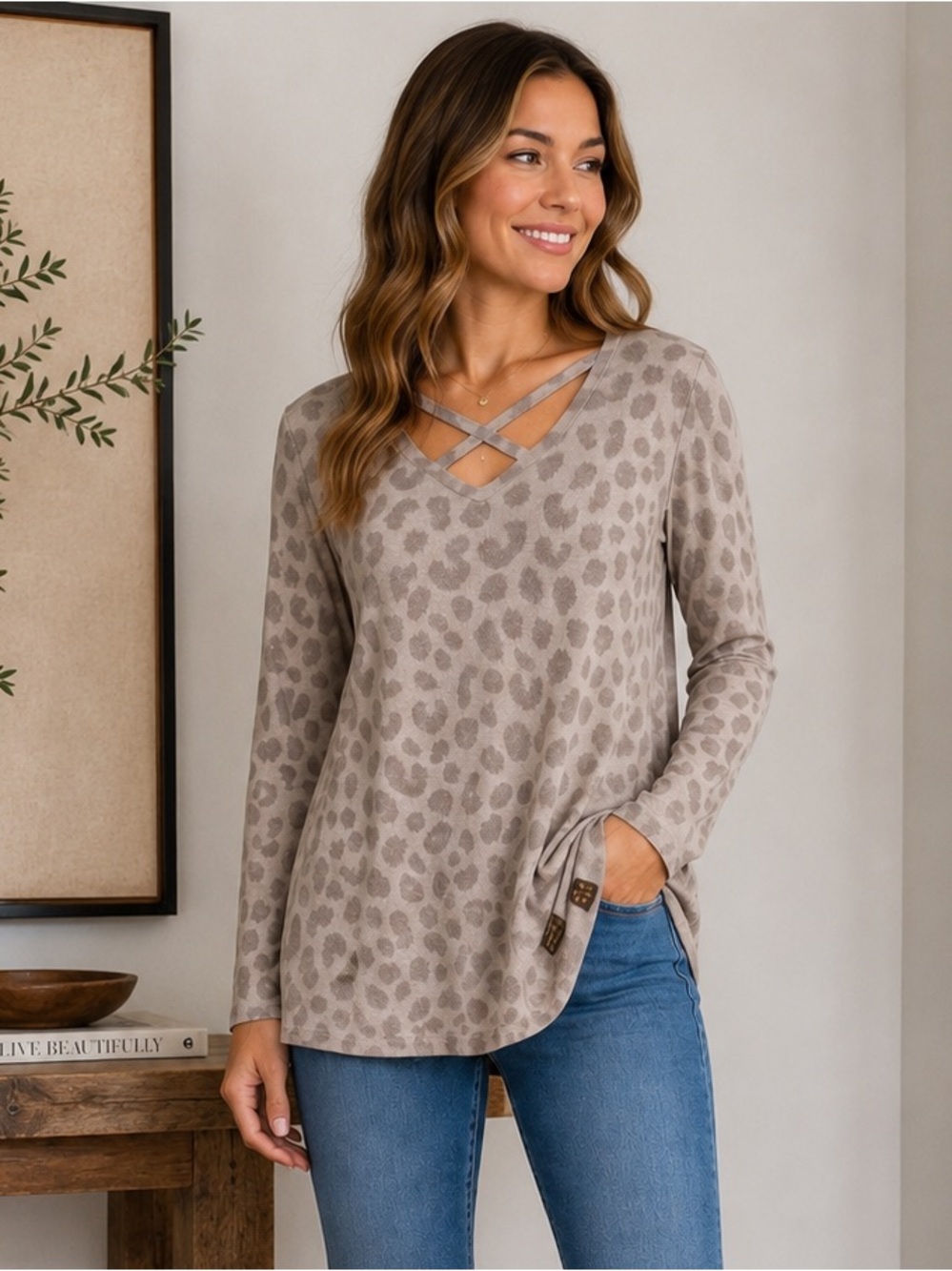 Leopard Print Top Tunic Simply Southern Sequin Detail Soft Size Large